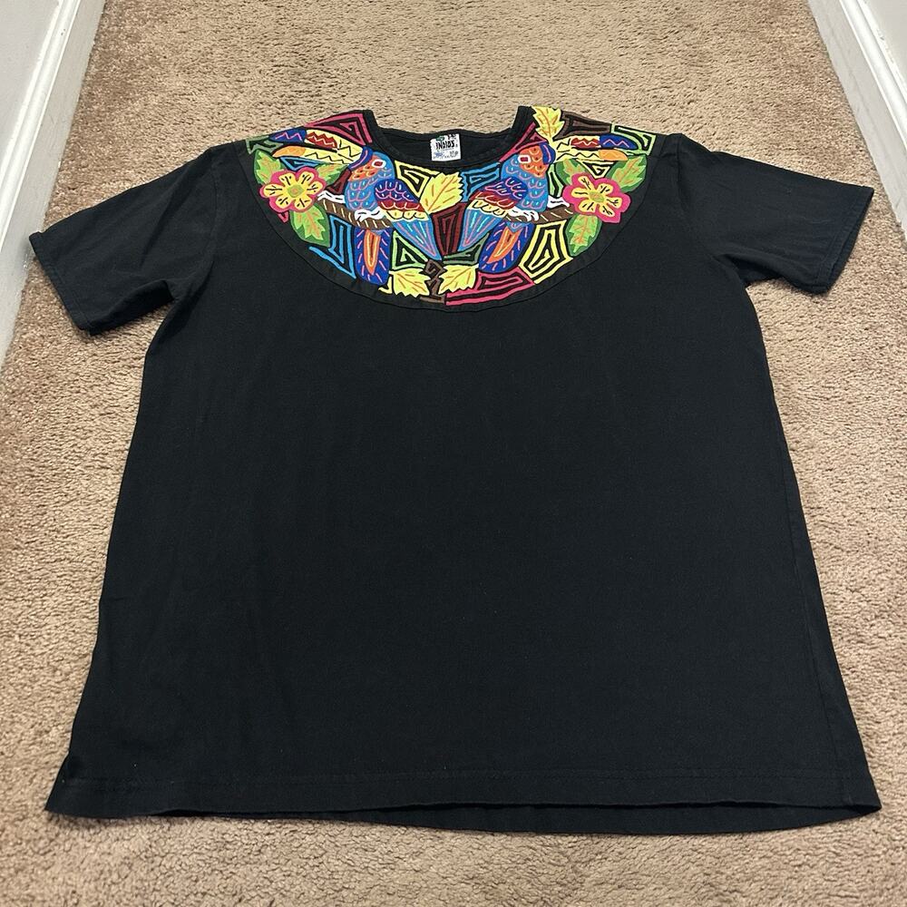 Vintage 90s Indios by Siamarmola Handmade Toucan Mola Boho T Shirt Black XXL